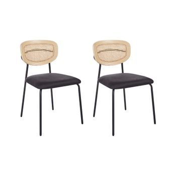 Conjunto De 2 Sillas De Comedor Modernas Trenza Vienesa Respaldo De Ratán Asiento De Poliéster Patas Negras Sin Reposabrazos Negro Mayetta