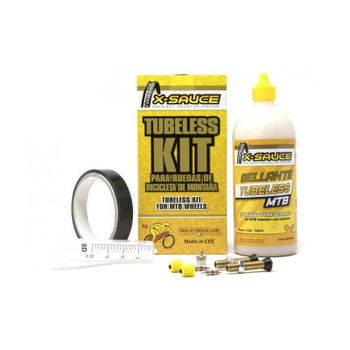 X-Sauce - Kit Tubeless MTB X-SAUCE con válvula GORDA de 25 mm, cinta adhesiva, sellante 500 ml y jeringuilla para montaje rápido y reparación sin desmontar el fondo de llanta