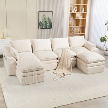 Canapé Modular De 4 Plazas En Terciopelo De Canalé Beige, + 2 Puff, Cojines + Bolsillos Laterales, Espuma De 3 Capas + Muelles Para Salón