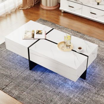 Mesa De Centro Blanca Efecto Mármol, 100 X 50 X 34,5 Cm, Led Con Aplicación