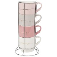set de 4 tazas de colores diferentes con soporte de metal