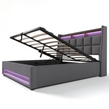 Cama Tapizada 160 X 200 Cm Con Almacenaje Elevable, Led Y 2 Usb, Sin Colchón