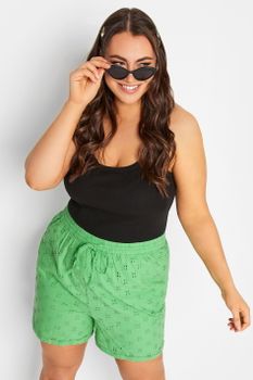 Limited Collection Pantalones Cortos De Algodón Verde Con Bordados, Mujer Curvy Y Tallas Grandes, Limited Collection