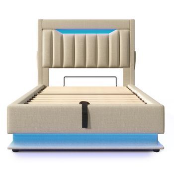 Cama Tapizada 90x200 Cm - Cama Individual - Cabecero Con Puertos Usb Y Tipo-c - Iluminación Led - Con Almacenamiento - Beige - Sin Colchón