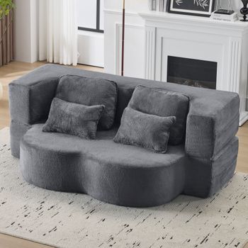 Sofá Cama De Suelo - Mueble Para Salón - Espuma Y Franela - Azul Y Gris (198x60x76cm)