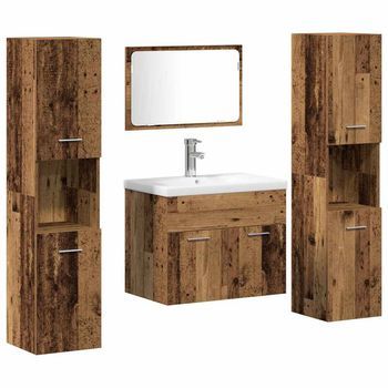 Juego De Muebles De Baño | Armario De Baño Con Puerta 4 Piezas Madera Envejecida