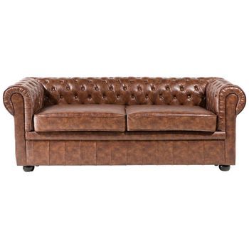 Sofá Chesterfield 3 Plazas Sofá En Patas Negras Piel Sintética Marrón Dorado Chesterfield
