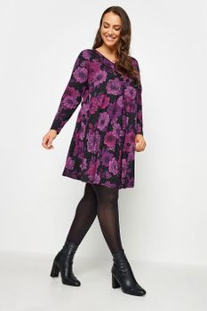 Yours Vestido Corto Negro De Flores Moradas, Mujer Curvy Y Tallas Grandes, Yours
