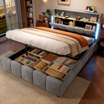 Cama Con Canapé De 140 X 200 Cm Y Cabecero Con Espacio De Almacenaje - Tejido De Terciopelo - Led - Tomas Usb Y Tipo C - Gris (sin Colchón)