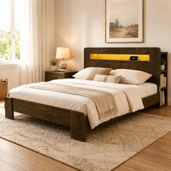 Cama Doble De Madera Con Almacenamiento En El Cabecero, Iluminación Led Y Tomas Integradas, Estilo Moderno Vintage, 140x200 Cm