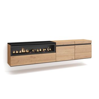 Mueble tv efecto madera roble y negro 200x35x45 chimenea efecto fuego