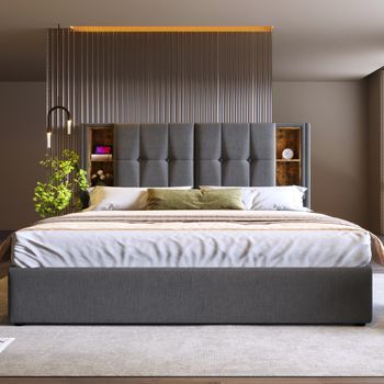 Cama Doble De 140x200 Cm, Carga Inalámbrica, Puerto Usb Tipo-c, Cajón De Almacenamiento, Somier De Madera, Sin Colchón Incluido, Color Gris Algodón.