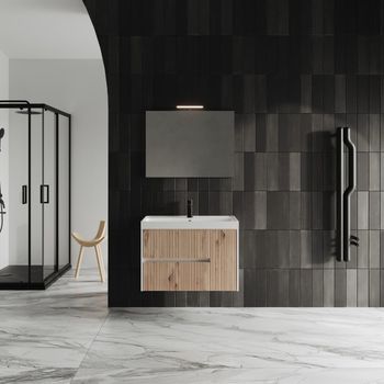 Mueble De Baño Suspendido 80cm Roble Dorado Con Espejo 80x60 Cortina