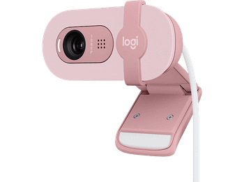 Webcam - Logitech Brio 100, Iluminación automática, Full HD 1080p, USB, Micrófono omnidireccional integrado, Tapa de privacidad, PC-Mac, Rosa