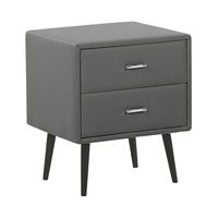 mesita de noche tapizada en piel sintetica gris con 2 cajones patas negras estilo minimalista moderno essonne