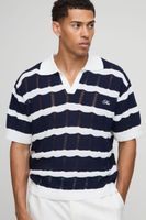 man embroidered oversized boxy herringbone stripe knitted polo navy