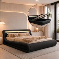 cama canape de matrimonio  cama doble con cabecero y canape led  somier lamas  negro  madera y polipiel  modelo rodas  para colchon 180x200