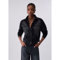 liu jo cazadora vaquera camisa body en denim con bordado para mujer