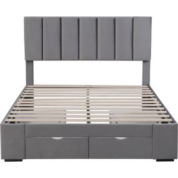 Cama De Adulto Acolchada En Terciopelo 140x200cm Con 4 Cajones + Cabecero Regulable + Somier Gris