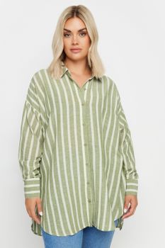 Yours Camisa Amplia Blanca Y Verde De Rayas Con Lino, Mujer Curvy Y Tallas Grandes, Yours