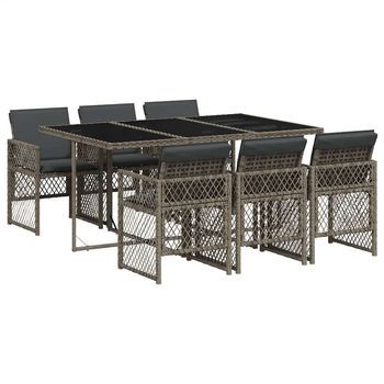 Set Comedor Jardín 7 Piezas | Mueble De Jardín Y Cojines Ratán Sintético Gris