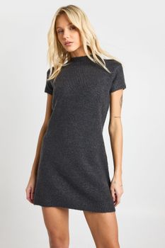 High Neck Short Sleeve Knitted Mini Dress, Gris