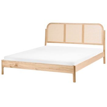 Cama De Madera Estilo Retro Cabecero Ratán Sintético 160 X 200 Cm Somier De Listones Marrón Claro Archail