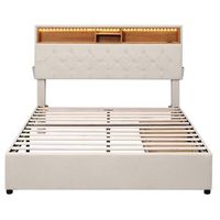 cama 140x200cm en tejido de lino con led puerto usb y 2 cajones cabecero regulable beige