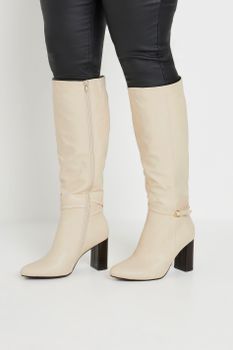 Cream Heeled Knee High Boot In Extra Wide eee Fit