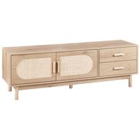 mueble tv de aglomerado con patas de madera frente de ratan estilo boho marron claro costello