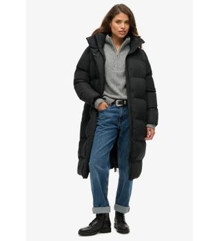 Superdry para mujer. W5011801A Abrigo acolchado largo con capucha negro (L), Casual, Poliéster, Sostenible