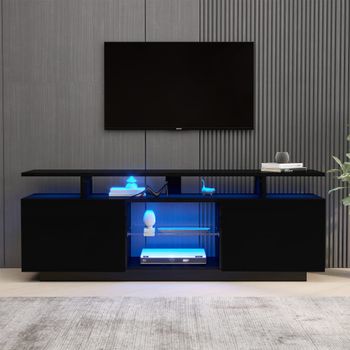 Mueble tv con led app, puertas brillo y almacenaje 140 cm, negro