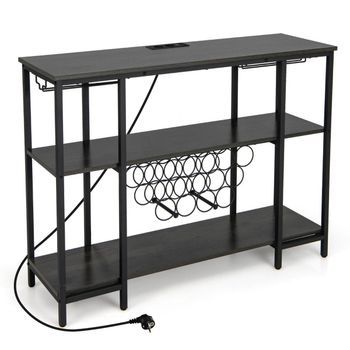 Botellero Industrial Con Soporte Para Copas, Estantes Y Enchufes Para 15 Botellas De Vino, Mueble Para Vinos, Color Gris