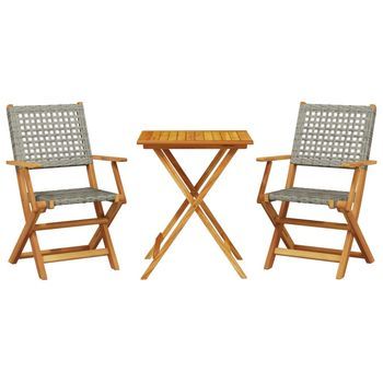 Juego De Bistro De 3 Uds | Conjunto Mueble Jardin Mesa Y Sillas Ratán Pe Y Madera Maciza Gris