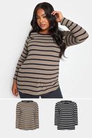 yours juego 2 camisetas algodon manga larga con rayas marron y negra mujer curvy y tallas grandes yours