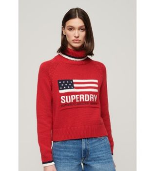 Superdry para mujer. W6110538A Jersey de punto con cuello vuelto Americana rojo (XL), Casual, Algodón, Manga larga
