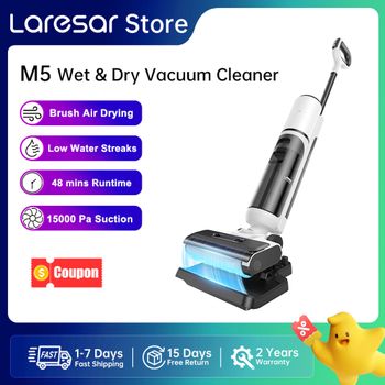 Laresar M5 Aspiradora vertical sin cable en seco y húmedo, aspira y friega 2 en 1, 15000Pa, autonomía 48 min, base de autolimpieza y secado del cepillo al aire, limpieza de bordes, menos marcas de