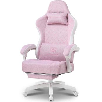 Silla gaming GTPLAYER Ergonómica blanco-rosa con soporte para pies y asiento con muelles