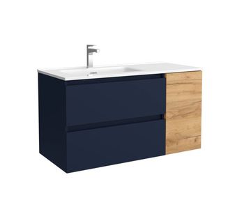 Mueble de baño bequia 90cm + coqueta 1 puerta derecha + lavabo cerámica  | azul mate / roble  |90x45x54