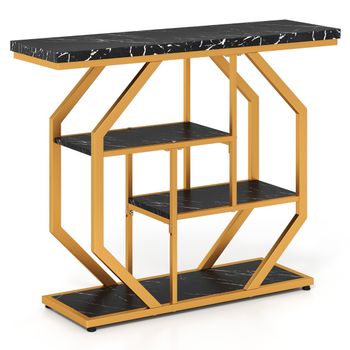 Costway Mesa Consola Moderna 4 Niveles Estructura Metálica Estantes Almacenamiento Superficie Mármol Decoración Entrada Sofá Negro y Dorado