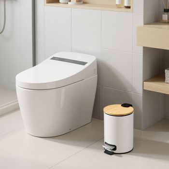 Papelera pequeña de 3 l con tapa de bambú de color blanco
