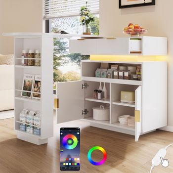 Isla De Cocina Extensible Blanca, 115-183 Cm, Mesa Alta Con Almacenamiento Y Luz Led