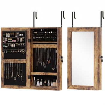HOMCOM Espejo Joyero de Pared con Cerradura y Varios Compartimentos Montar en Pared o Puerta Marrón Rústico y Forro Marrón Rústico   Aosom España