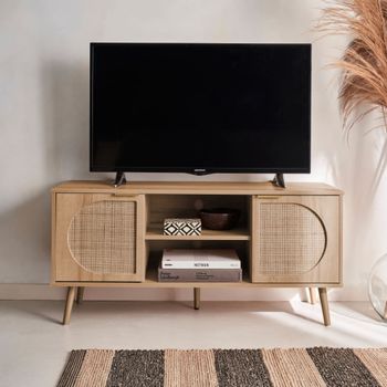Mueble de tv de caña redondeada, 2 puertas + 1 estante, color natural