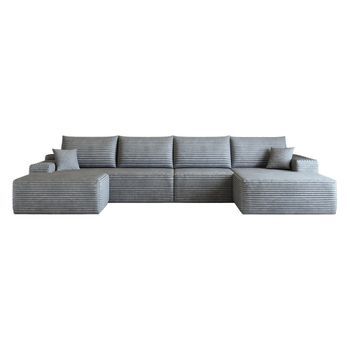 Sofá Esquinero Modular Gris Con Chaise Longue En Forma De L, Asiento Profundo, Pana A Rayas