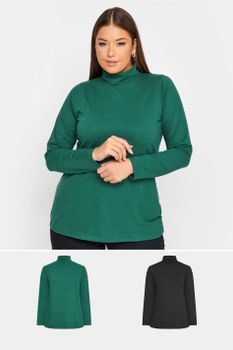 Yours Juego 2 Tops De Algodón Con Cuello Alto: Verde Y Negro, Mujer Curvy Y Tallas Grandes, Yours