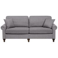 sofa 3 plazas tapizado en tela gris claro estilo chesterfield con respaldo bajo otra