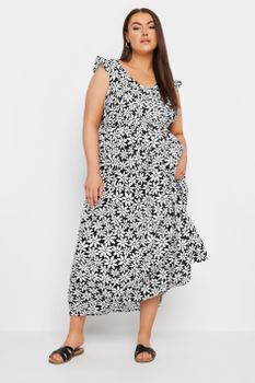 Yours Vestido Negro De Flores Con Volantes En Los Tirantes, Mujer Curvy Y Tallas Grandes, Yours