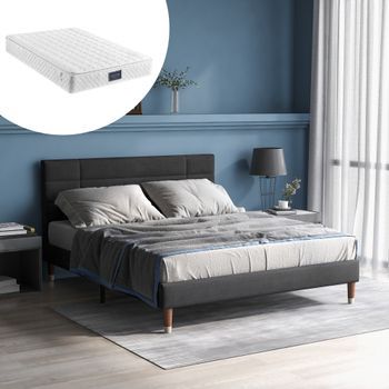 Cama Con Cabecero - 140 X 200 Cm - Tejido De Lino - Gris + Colchón