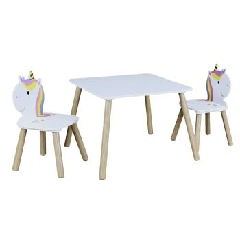Conjunto Mesa + 2 Sillas de Madera Unicornio Infantil HOME DECO FACTORY